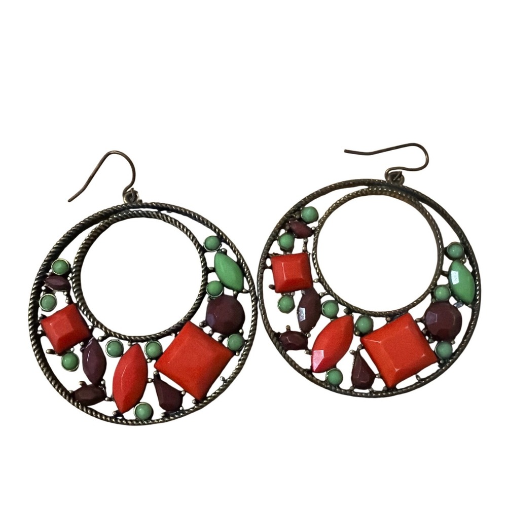 Boho Bronze Tone Hoop Earrings Orange Green Burgundy Cabochon Statement‎ Dangles